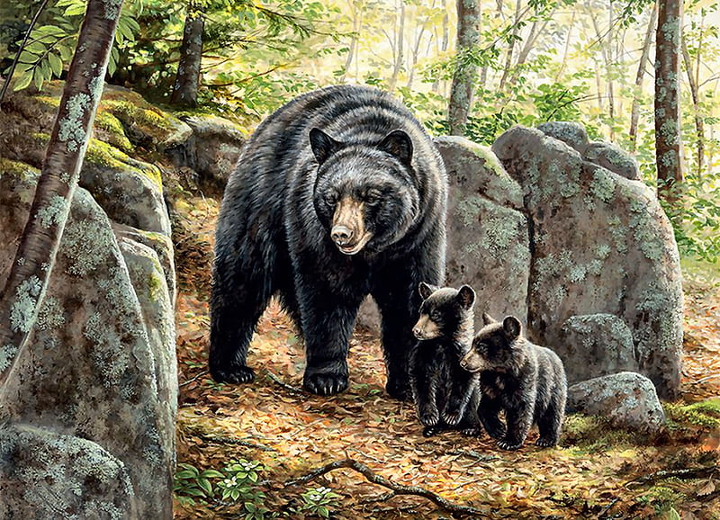 Mama Bear and Her Cubs F, art, bear, bonito, artwork, animal, painting, wide screen, wildlife, cubs, HD wallpaper