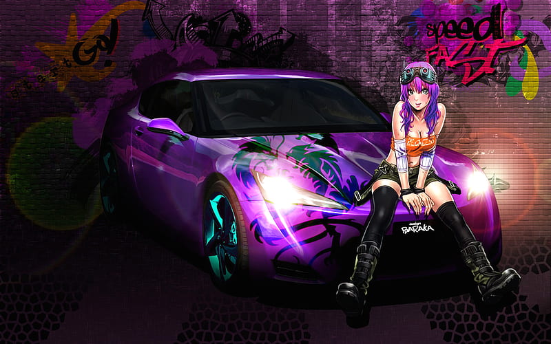 Punk Girl, female, boots, sexy, punk, big breasts, cool, car, hot, speed race, anime girl, underboob, HD wallpaper