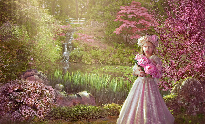 Peonies, wreath, luminos, annewipf, spring, peony, fantasy, girl, green ...