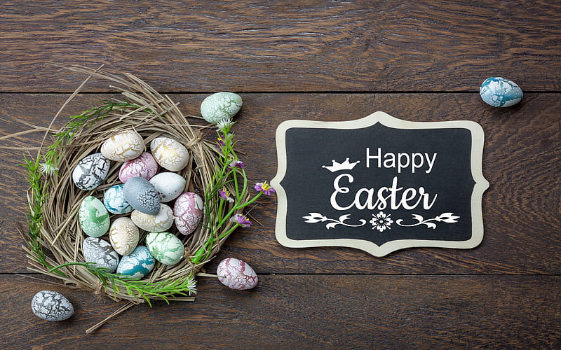 Happy Easter!, eggs, Easter, nest, wooden, HD wallpaper