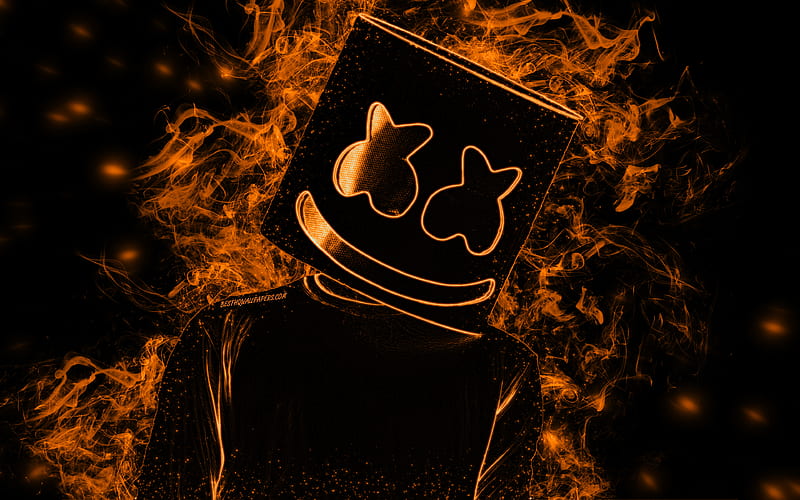 Marshmello American DJ, orange smoke, black background, silhouette out of smoke, silhouette Marshmello, hat, creative art, Christopher Comstock, HD wallpaper