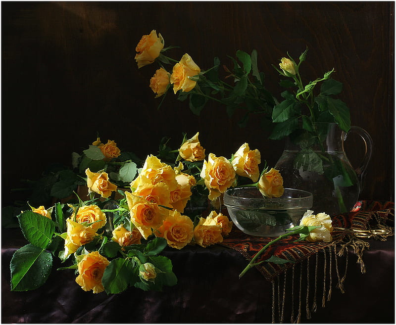 Yellow roses, table, clear, stems, pitcher, yellow, bonito, tablecloth, roses, still life, leaves, water, jug, flowers, bowl, HD wallpaper