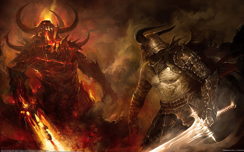 Warrior vs Demon, red, fire, warrior, demon, fight, sword, light, HD wallpaper