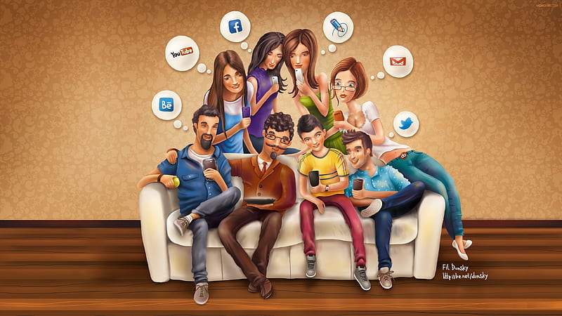 Social Media, man, creative, woman, young, girl, peopel, sofa, vector, HD wallpaper