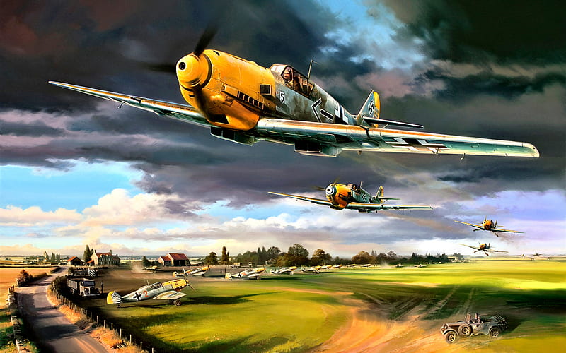Messerschmitt Bf109, art, German military airfield, German fighter, World War II, JG26 Schlageter, Messerschmitt, HD wallpaper