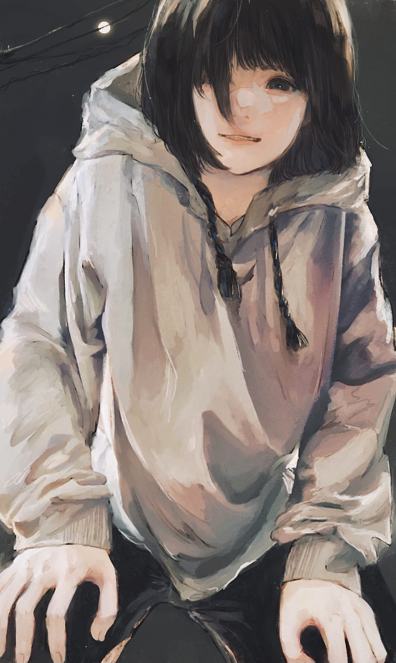 girl, glance, smile, sweatshirt, anime, HD phone wallpaper