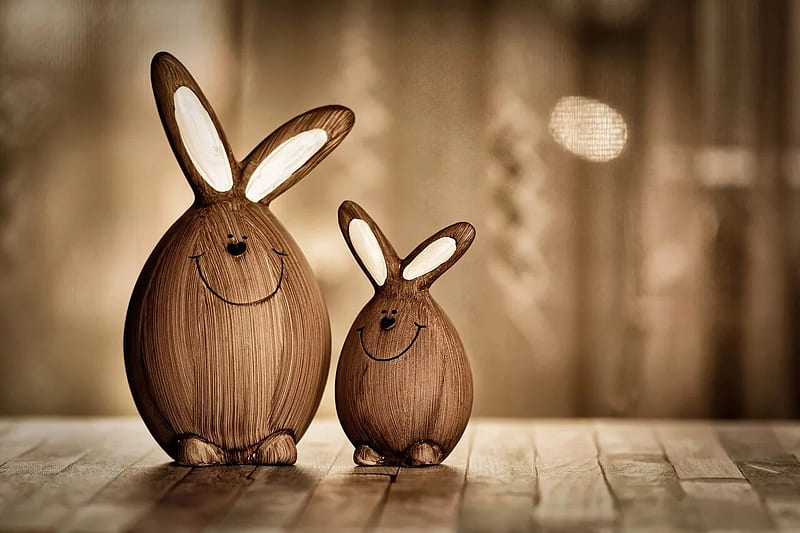 Happy Easter!, egg, rabbit, brown, bunny, easter, wood, figurine, card, HD wallpaper