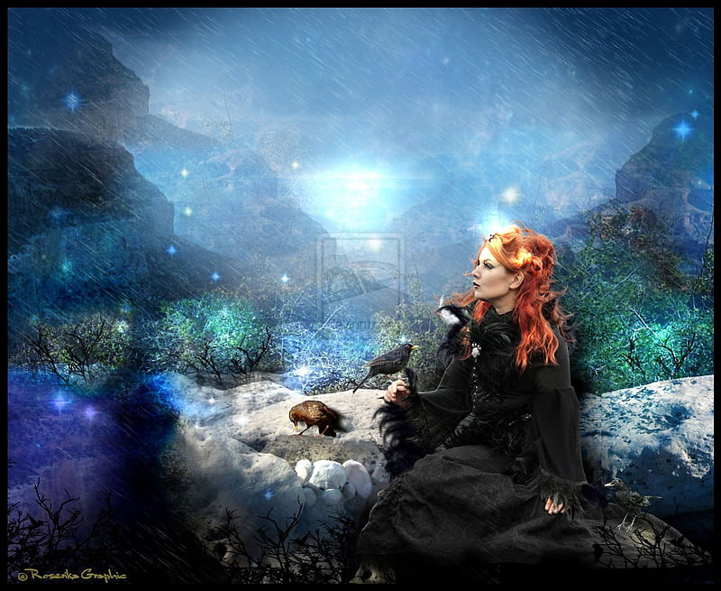 ~Raven is Waiting Abyss~, rocks, pretty, women, sweet, fantasy, splendor, manipulation, emotional, face, abyss, raven, lovely, models, birds, black, sky, lips, trees, cool, snow, mountains, waiting, shining, eyes, dress, digital arts, bonito, twilight, cold, hair, emo, people, girls, feathers, animals, stars, female, colors, rainy, plants, crow, HD wallpaper