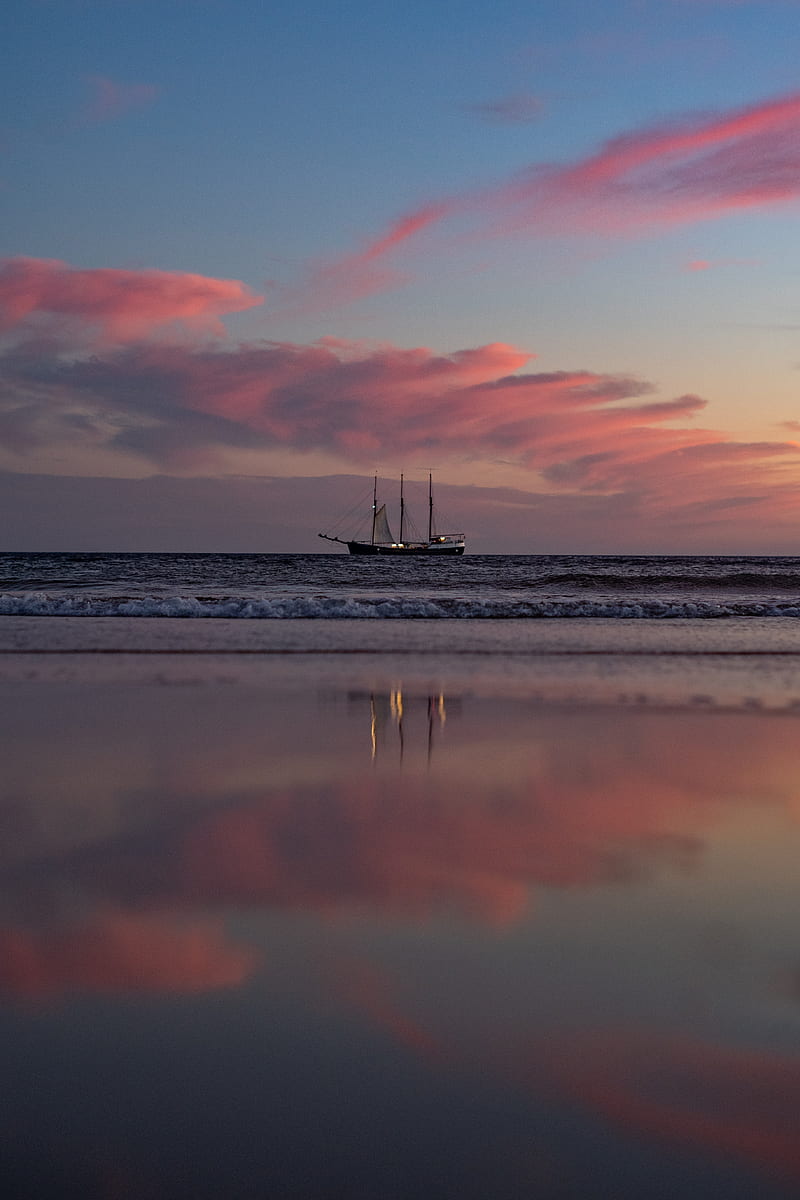 ship, sail, horizon, sunset, HD phone wallpaper