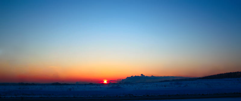 Sunrise over manufacture, manufacture smoke, sunrise, sky, winter, HD wallpaper