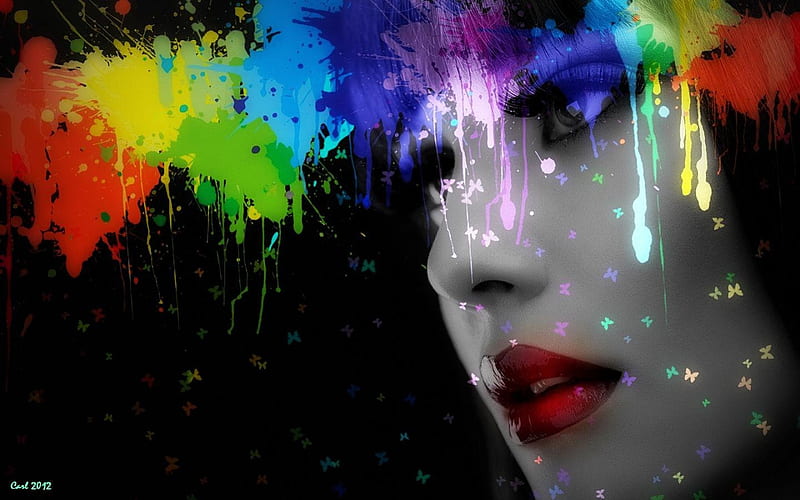 Maybe these colors can cheer her up, fantasy, girl, paint, colors, woman, HD wallpaper