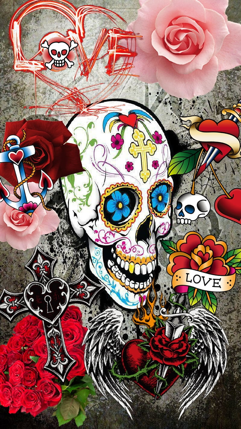 Slim Shady, heartd, love, pink, red, roses, skull, sugar, sword, HD phone wallpaper