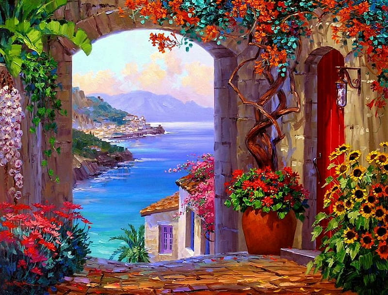 Sea View, courtyard, house, ocean, archway, sea, water, mountains, flowers, red door, HD wallpaper