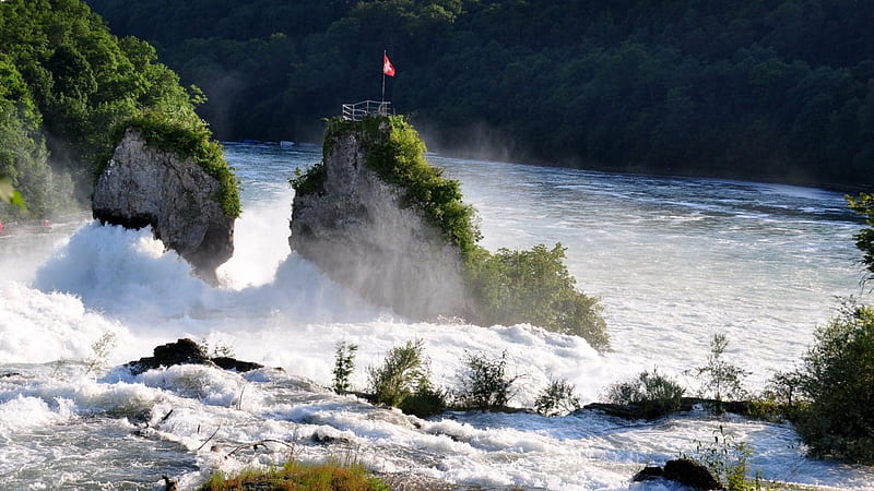 churning falls into a moving river, rocks, foam, surf, river, spray, trees, falls, HD wallpaper