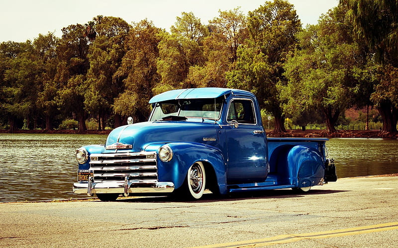 Chevrolet 3100, 1953, retro cars, lowrider, blue pickup truck, american cars, Chevrolet, HD wallpaper