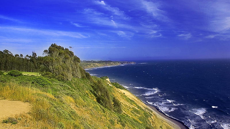 lovely seacoast, cliffs, grass, waves, coast, sea, HD wallpaper
