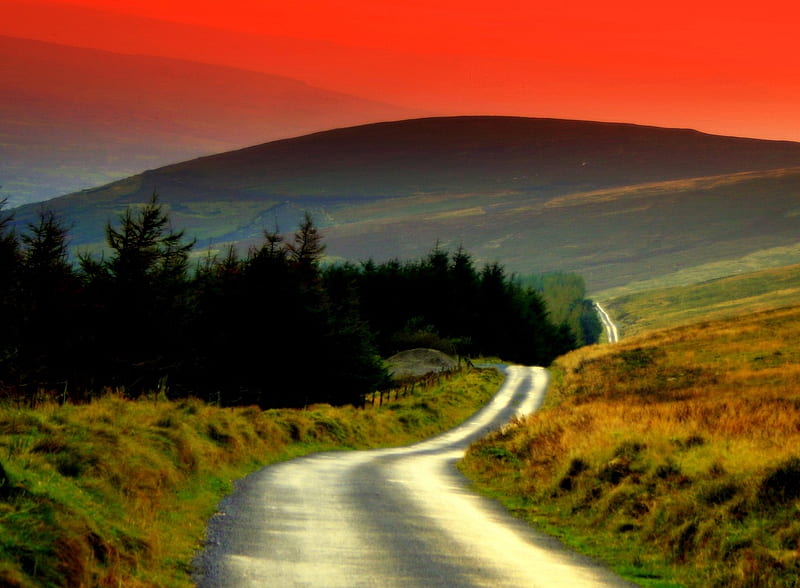 Road of Ireland, architecture, orange, background, sunset, nice, multicolor path, sunrise, black, cool, awesome, hop, fullscreen, white, red, colorful, brown, ireland, gray, bonito, europe, graphy, green, blue amazing, colors, maroon, roads, via nature, natural, HD wallpaper