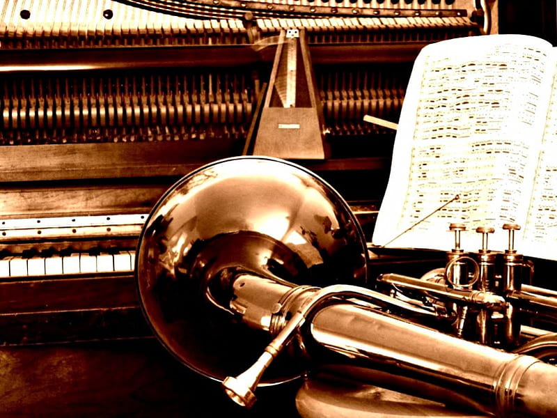 INSTRUMENTS OF THE ROMANTIC ERA, songs, music, brass, piano, horns, still life, instruments, musical, vintage, HD wallpaper