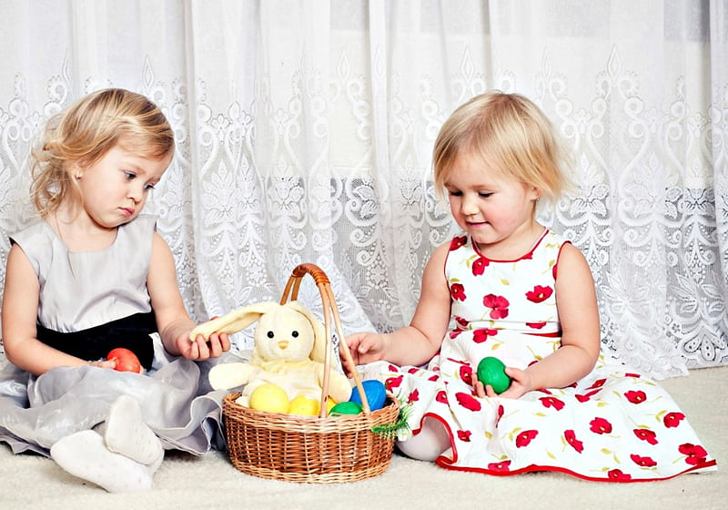 Easter joy, red, children, toy, easter, cute, egg, girl, basket, sister, child, white, HD wallpaper