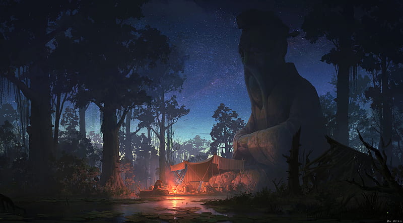 statue, sage, night, forest, tent, campfire, HD wallpaper
