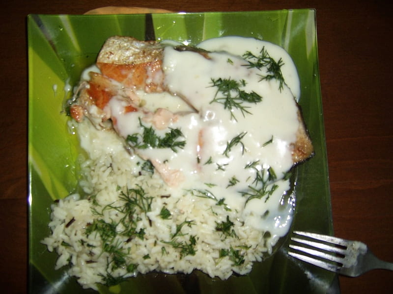 white samon, dinner, rice, green, food, samon, white, HD wallpaper