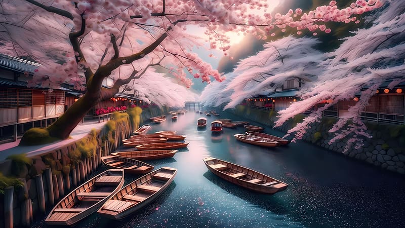 Pink cherry blossom, Boats, Japan, Spring, River, Trees, HD wallpaper