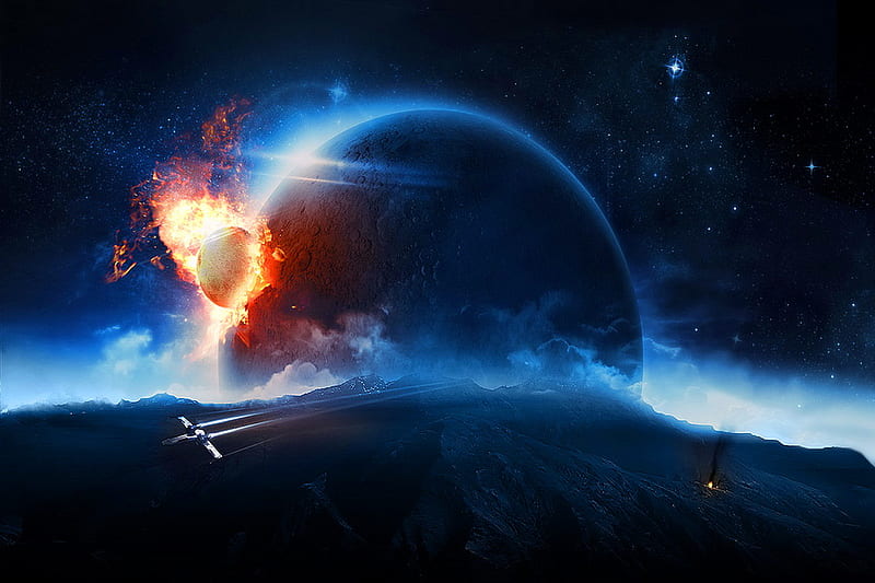 Meteor, impact, stars, planet, space, explosion, sky, blue, HD wallpaper