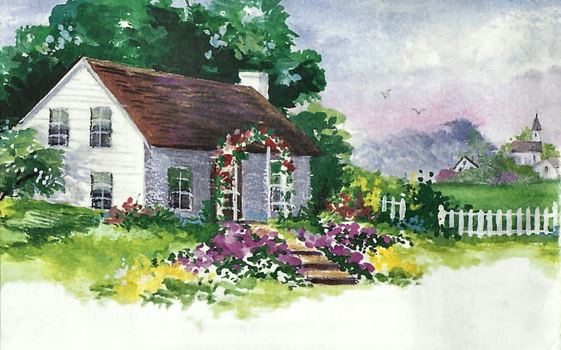 Cottage 2, art, cottage, arbor, artwork, painting, wide screen, scenery, landscape, watercolor, HD wallpaper