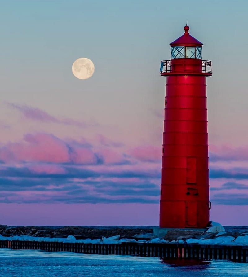 Lighthouse moon, beaches, fall, fall scenes, house, light, ocean, scenery, scenes, water, HD phone wallpaper