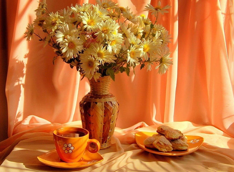 tea party in orange color, still life, flowers, orange, tea party, HD wallpaper