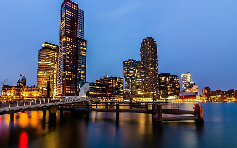 Rotterdam, evening, modern buildings, cityscape, Netherlands, HD wallpaper