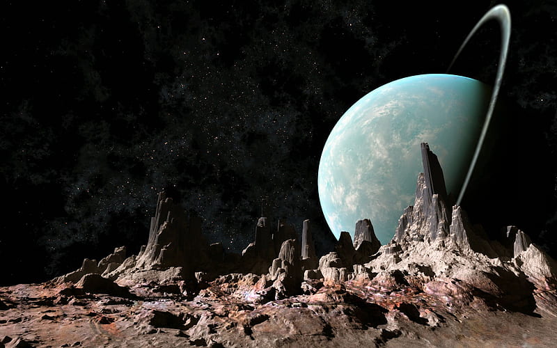 alien landscape, dust clods, stars, rock formations, ringed planet, HD wallpaper