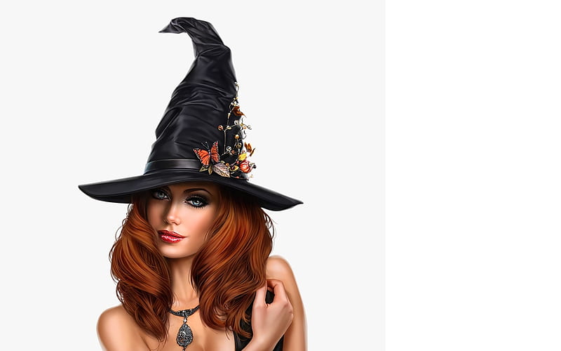 Witch, frumusete, fantasy, redhead, girl, black, face, white, luminos ...