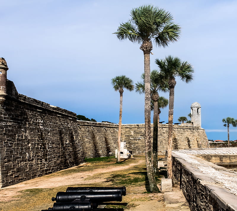Castillo De San Marc, brick, florida, fort, grass, gun, palm, sky, usa,  water, HD wallpaper | Peakpx