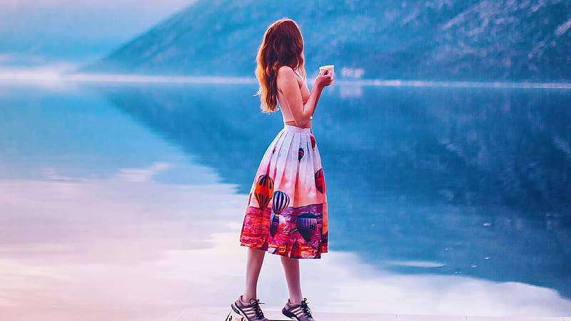 Girl Standing With Coffee Mug Pier Side, girls, model, graphy, pier, HD wallpaper