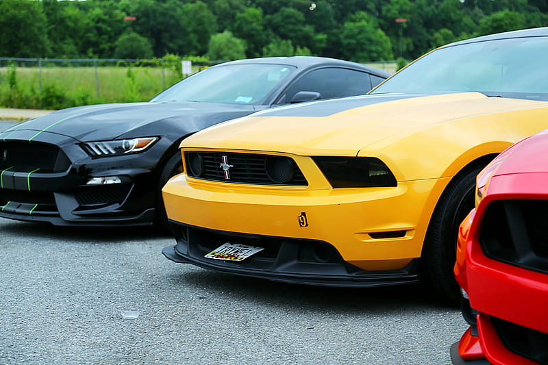 parked yellow Ford Mustang coupe and black, HD wallpaper