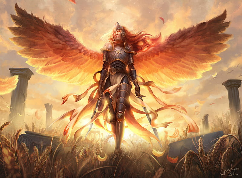 Dawnbringer Aurelia, fantasy, justyna gil, wings, luminos, girl, angel, golden, HD wallpaper