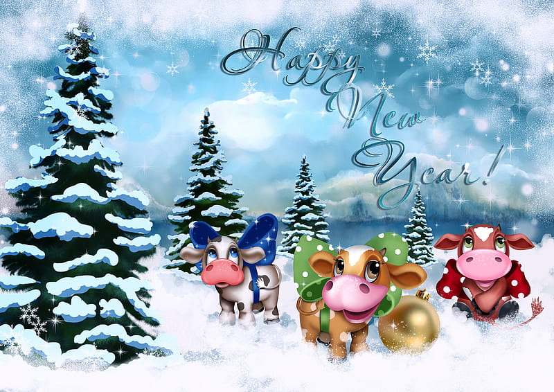 Happy New year 2021, Trees, Snow, Cows, New Year, 2001, HD wallpaper