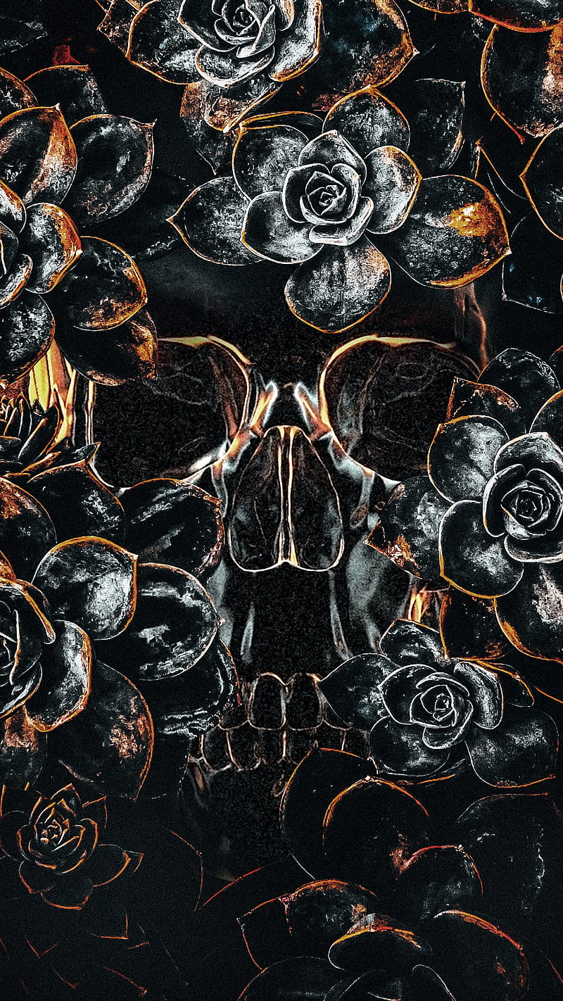 skull in black orange , black and white, bone, bones, dark, flowers, gloomy, grunge, hand, horror, mysterious, sKulls, HD phone wallpaper