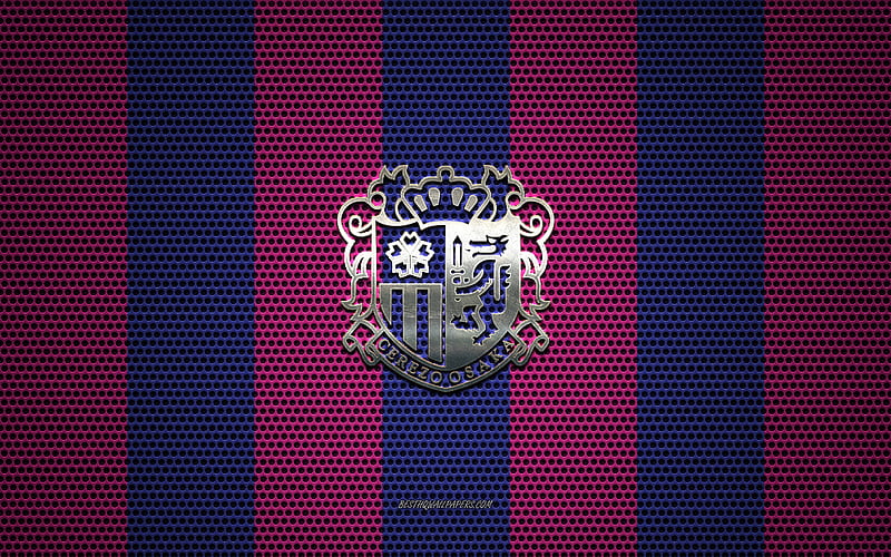 Cerezo Osaka logo, Japanese football club, metal emblem, pink-blue metal mesh background, Cerezo Osaka, J1 League, Osaka, japan, football, Japan Professional Football League, C-Osaka, HD wallpaper