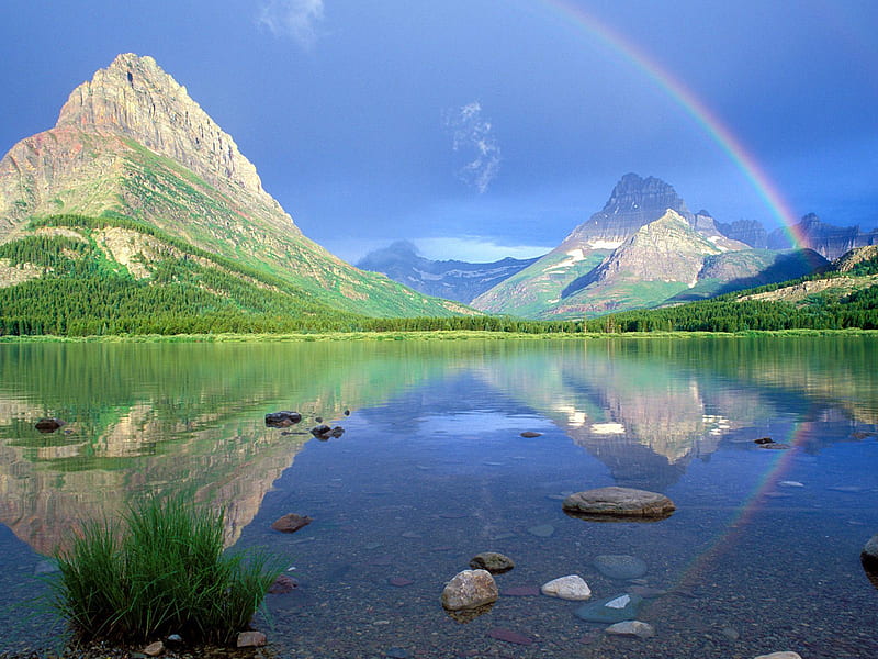 Rainbow, mountain, sky, lake, alpine, blue, HD wallpaper