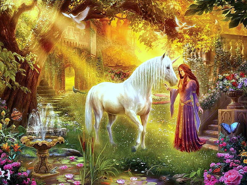 Princess and unicorn, art, girl, princess, unicorn, fantasy, HD wallpaper