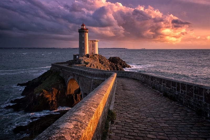 Phare du Petit Minou, Plouzane, ocean, France, Brittany, sunset, Lighthouse, sky, clouds, French, Water, walkway, HD wallpaper