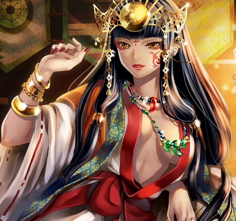 Beautiful princess with short wavy black hair, black robes and dress with  gold jewelry, by artist 