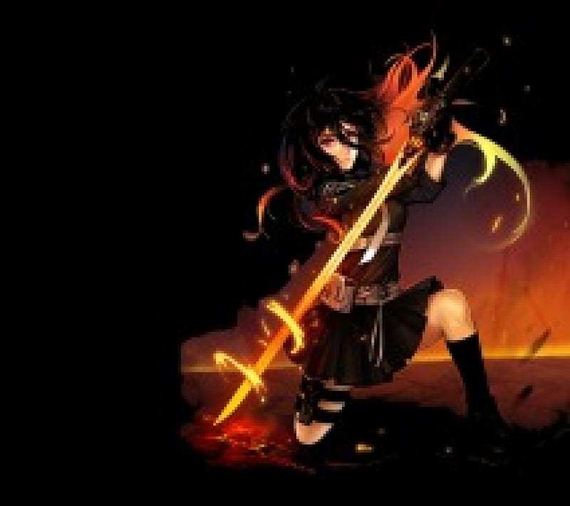 Flaming Sword, sparks, creepy, flame, blade, emotional, anime, darkness, gloomy, hot, anime girl, weapon, sword, female, black, gloom, sexy, cute, fire, warrior, girl, creep, blaze, dark, sinister, serious, HD wallpaper