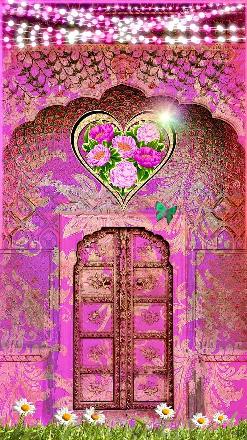 “The Pink Door”, Valentines Day, Valentines , butterfly, flowers, girl , heart, lights, love, pink , romance, HD phone wallpaper