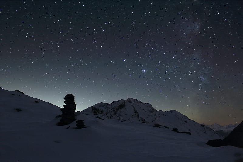 mountain, night, snow, starry sky, dark, HD wallpaper