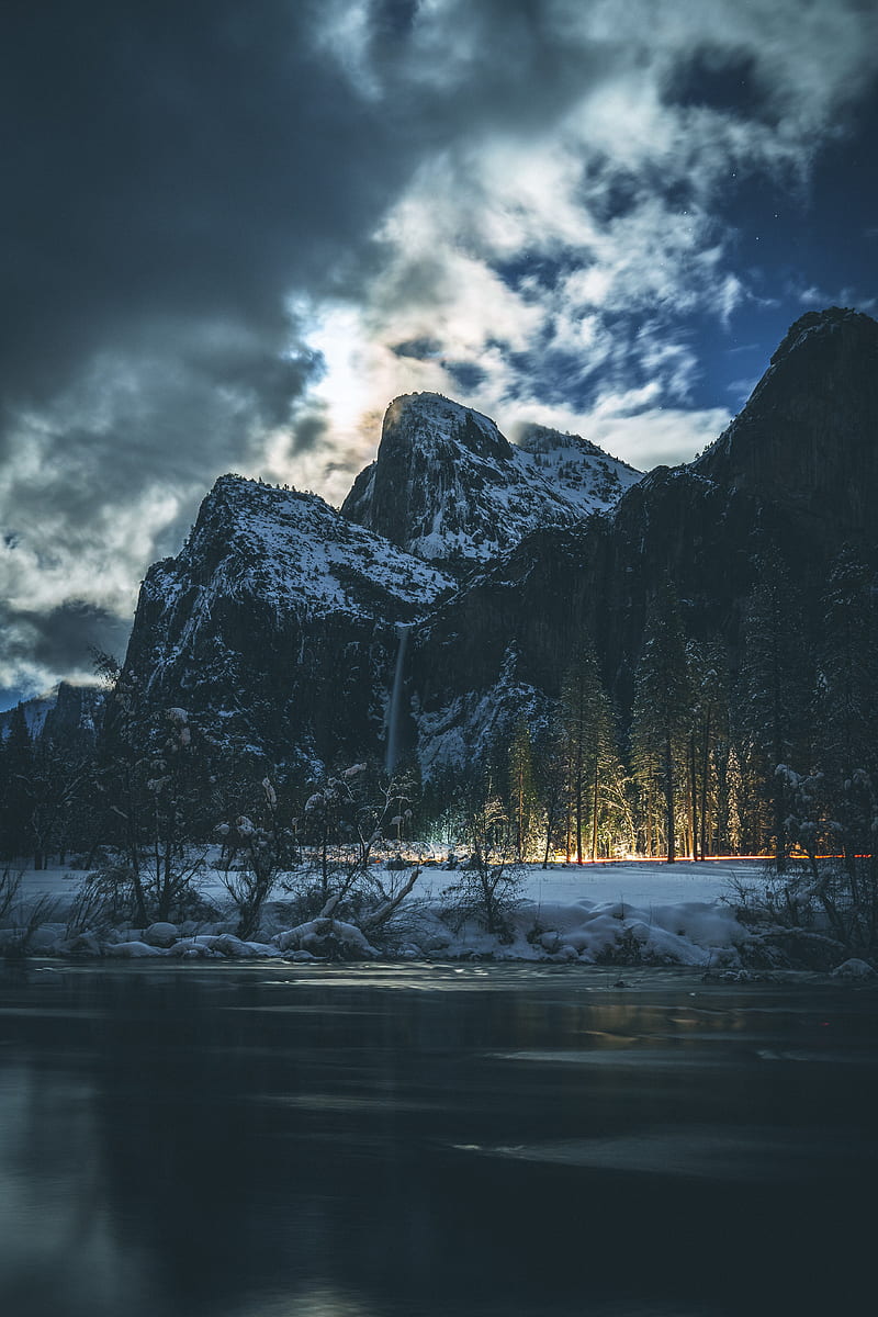 mountains, snow, night, trees, night landscape, HD phone wallpaper
