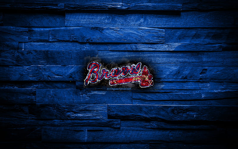 Atlanta Braves scorched logo, MLB, blue wooden background, american baseball team, Braves, grunge, baseball, Atlanta Braves logo, fire texture, USA, HD wallpaper