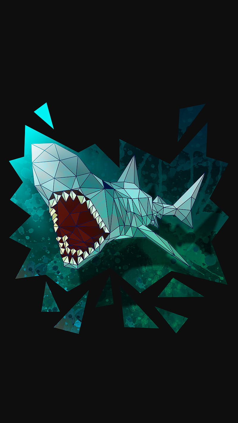 Shark, DimDom, abstract, blue, cool, funny, geometric, jaws, low poly, sea, wildlife, HD phone wallpaper